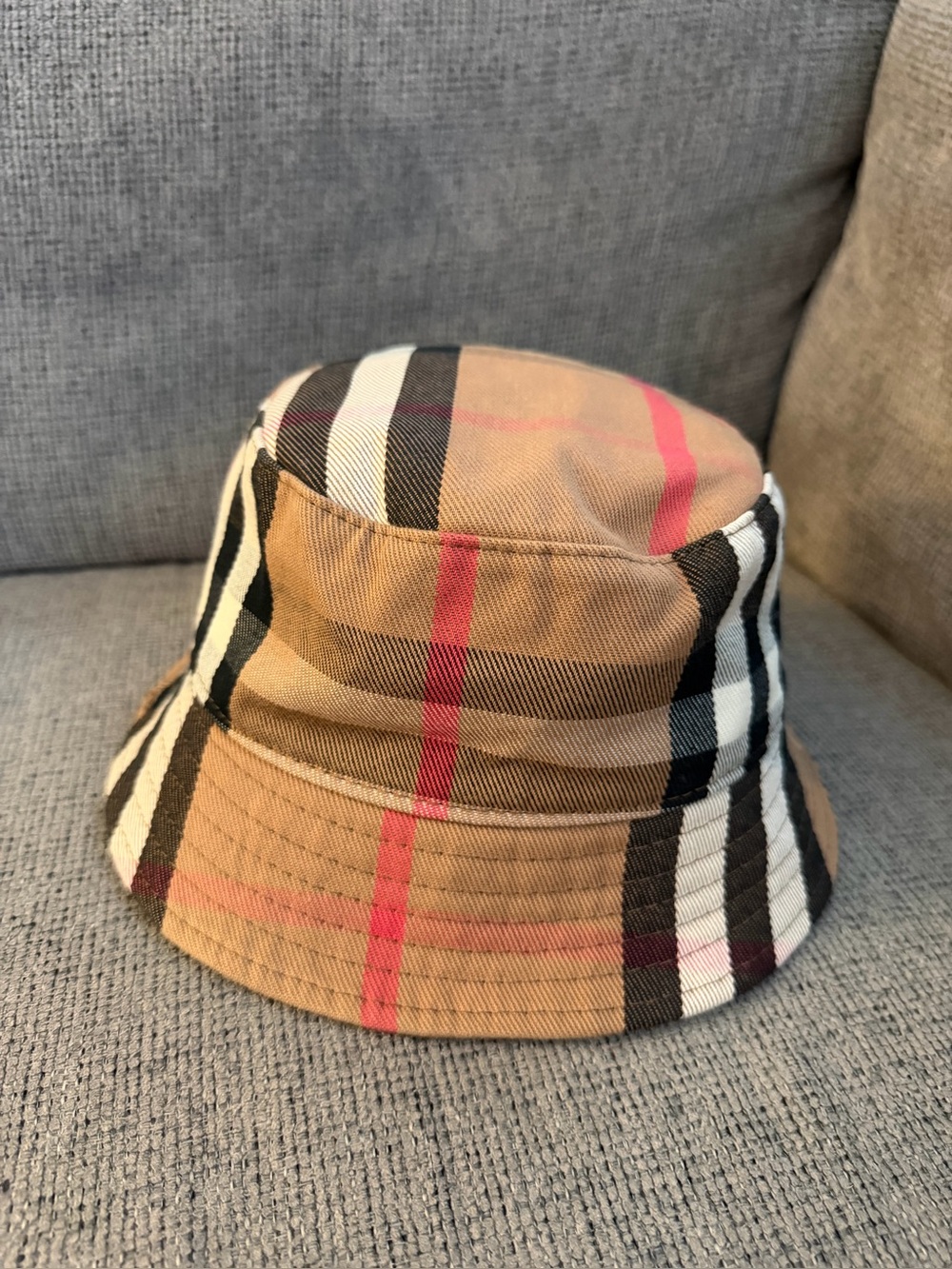 Burberry Tan Plaid Bucket Hat with Pink and Black Accents
